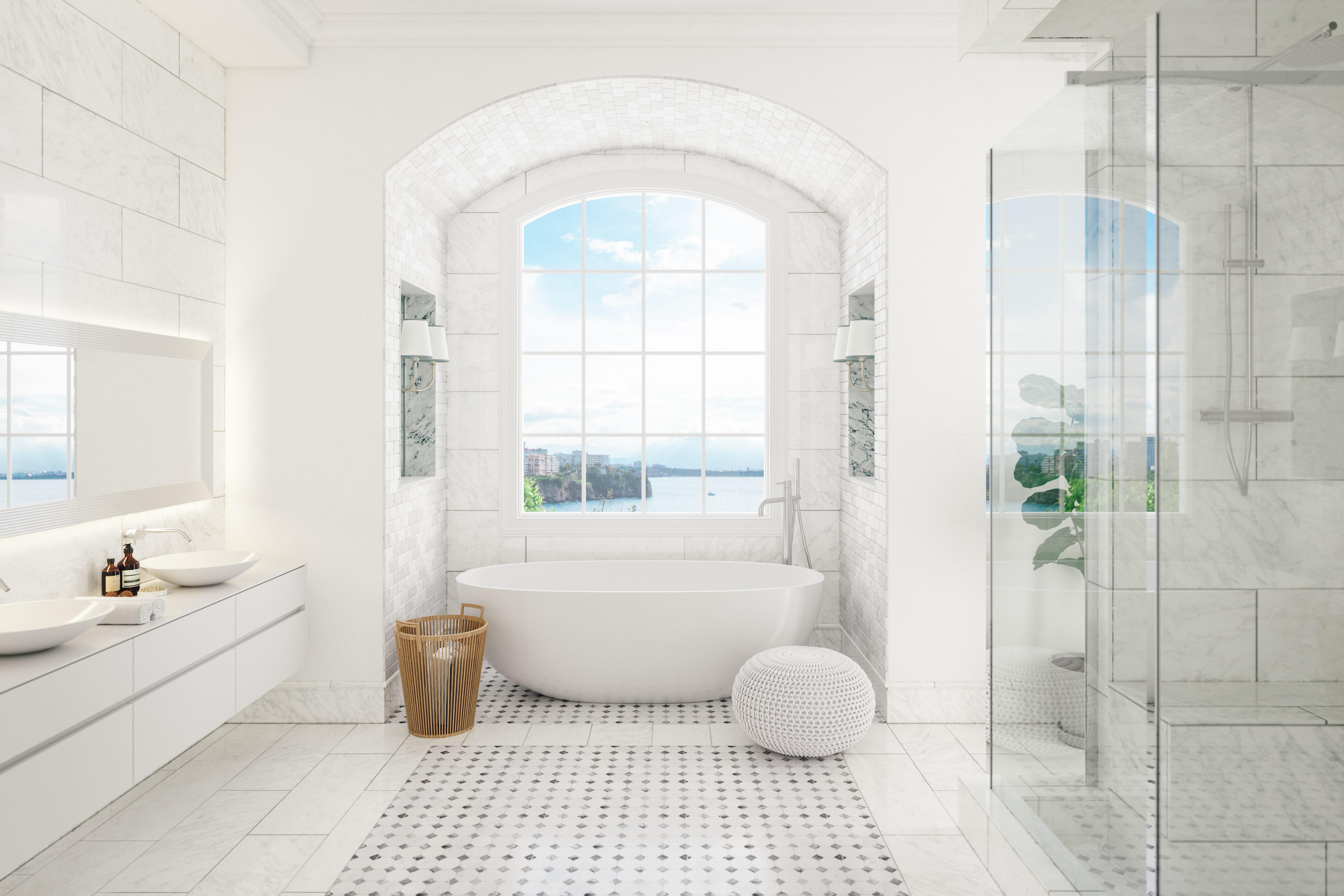 Luxury bathroom with freestanding tub and marble finishes