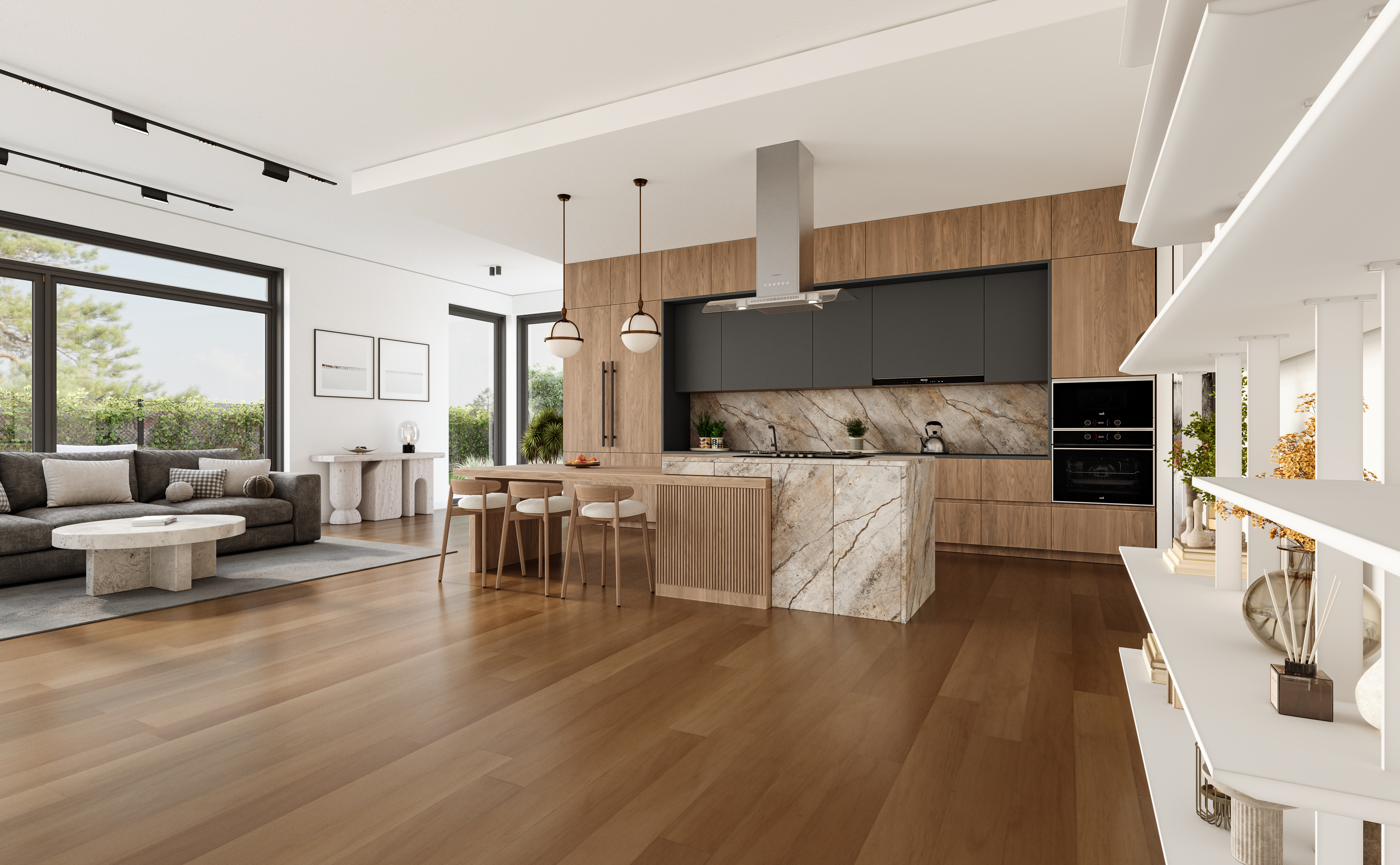 Modern luxury kitchen with open concept living